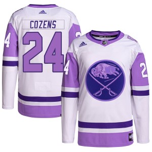Dylan Cozens Men's Adidas Buffalo Sabres Authentic White/Purple Hockey Fights Cancer Primegreen Jersey