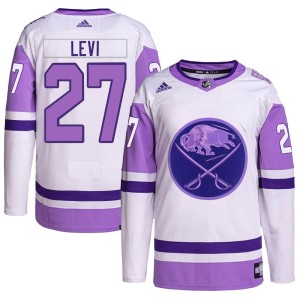 Devon Levi Men's Adidas Buffalo Sabres Authentic White/Purple Hockey Fights Cancer Primegreen Jersey
