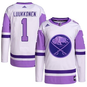 Ukko-Pekka Luukkonen Men's Adidas Buffalo Sabres Authentic White/Purple Hockey Fights Cancer Primegreen Jersey