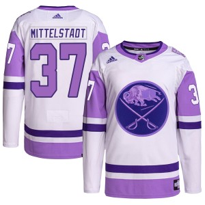 Casey Mittelstadt Men's Adidas Buffalo Sabres Authentic White/Purple Hockey Fights Cancer Primegreen Jersey