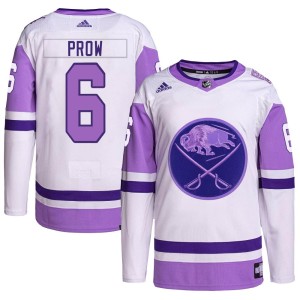 Ethan Prow Men's Adidas Buffalo Sabres Authentic White/Purple Hockey Fights Cancer Primegreen Jersey