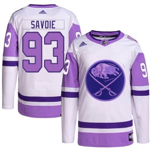 Matthew Savoie Men's Adidas Buffalo Sabres Authentic White/Purple Hockey Fights Cancer Primegreen Jersey
