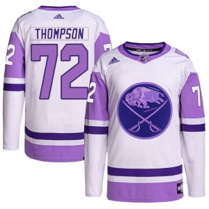 Tage Thompson Men's Adidas Buffalo Sabres Authentic White/Purple Hockey Fights Cancer Primegreen Jersey