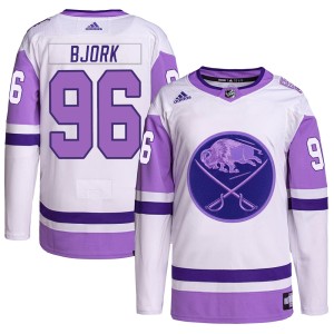 Anders Bjork Youth Adidas Buffalo Sabres Authentic White/Purple Hockey Fights Cancer Primegreen Jersey