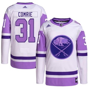 Eric Comrie Youth Adidas Buffalo Sabres Authentic White/Purple Hockey Fights Cancer Primegreen Jersey