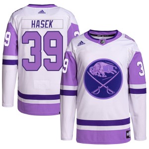 Dominik Hasek Youth Adidas Buffalo Sabres Authentic White/Purple Hockey Fights Cancer Primegreen Jersey