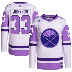 Ryan Johnson Youth Adidas Buffalo Sabres Authentic White/Purple Hockey Fights Cancer Primegreen Jersey