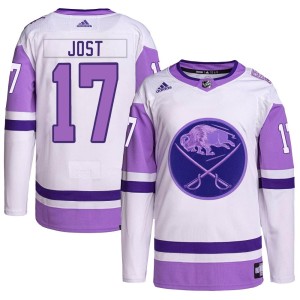Tyson Jost Youth Adidas Buffalo Sabres Authentic White/Purple Hockey Fights Cancer Primegreen Jersey