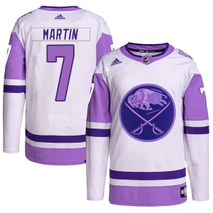 Rick Martin Youth Adidas Buffalo Sabres Authentic White/Purple Hockey Fights Cancer Primegreen Jersey