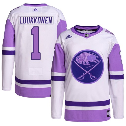 Ukko-Pekka Luukkonen Youth Adidas Buffalo Sabres Authentic White/Purple Hockey Fights Cancer Primegreen Jersey